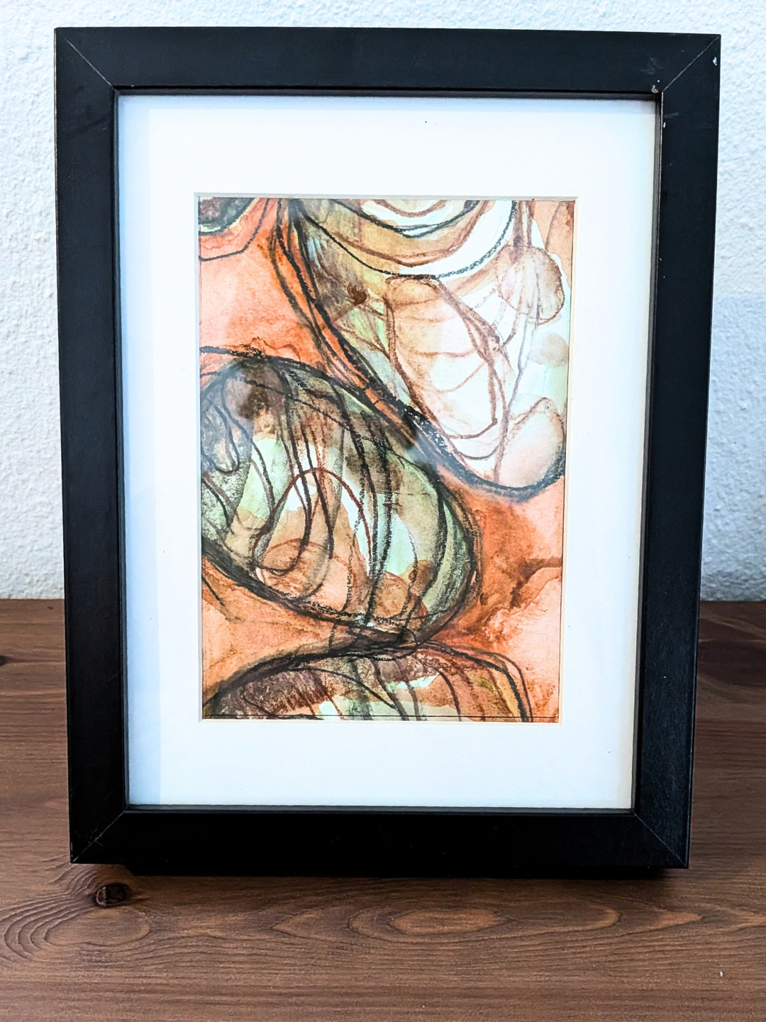 Håndlavet illustration: "Nede i græsset", Brun/Grøn, Inklusiv ramme.