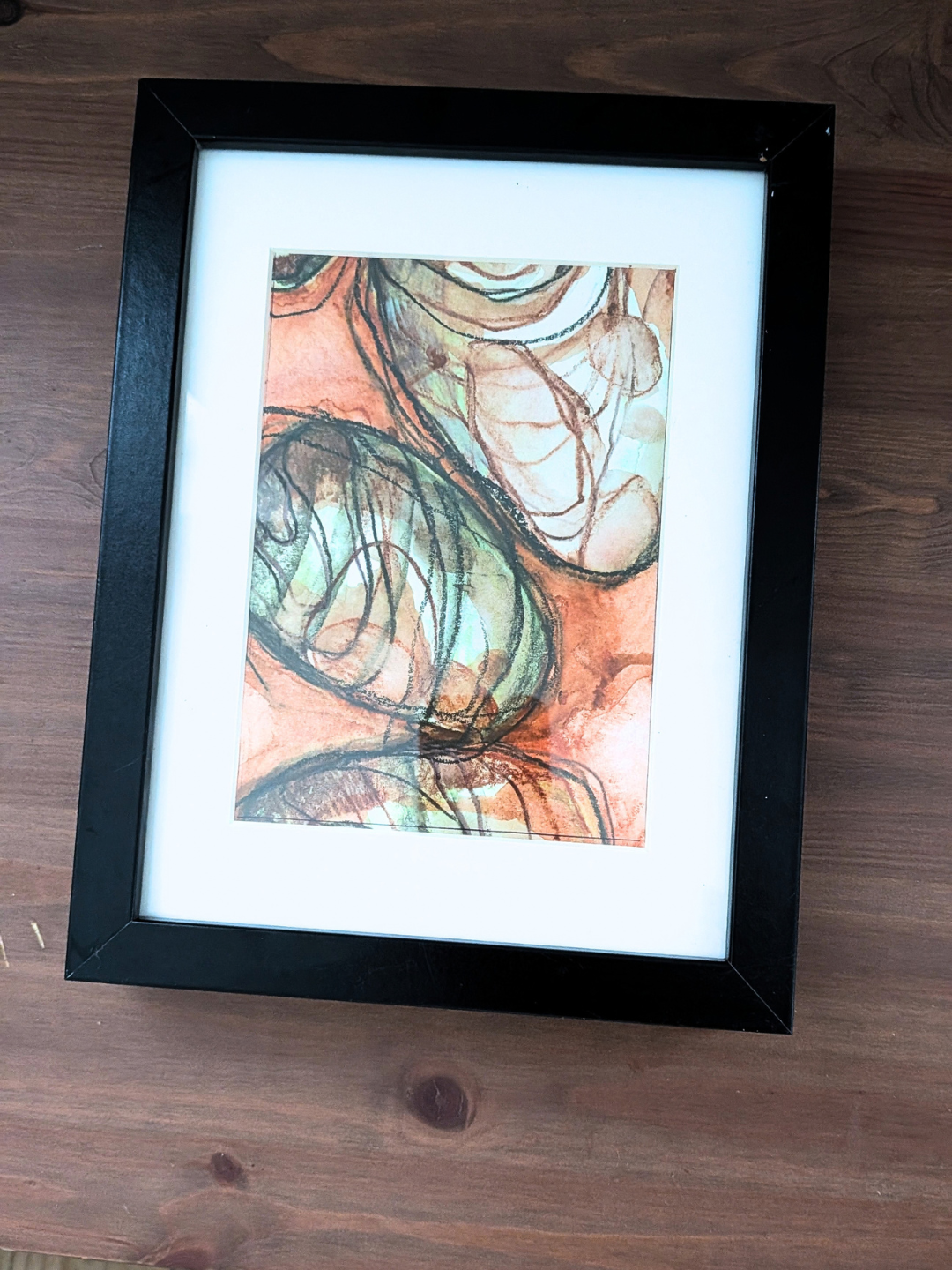 Håndlavet illustration: "Nede i græsset", Brun/Grøn, Inklusiv ramme.