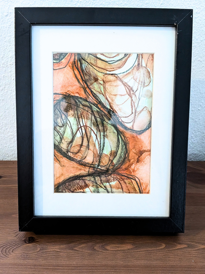 Håndlavet illustration: "Nede i græsset", Brun/Grøn, Inklusiv ramme.